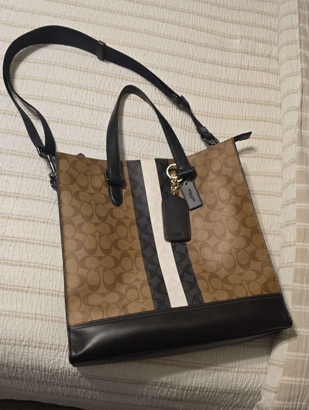 Coach Brown Signature Stripe Tote with Black Trim